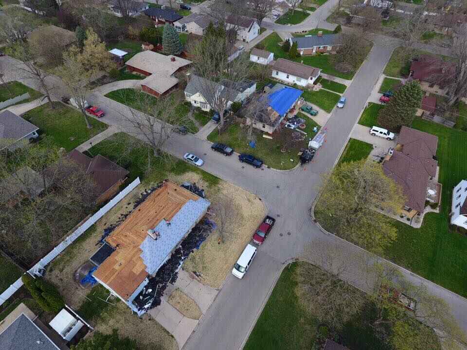 Aerial view of residential roof replacement